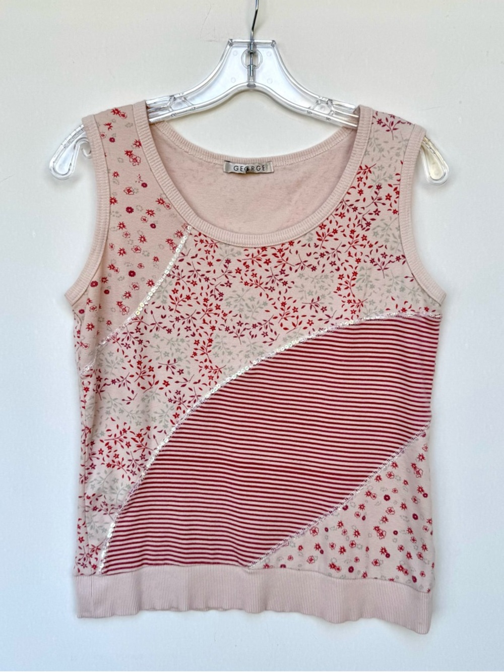 Vintage George Pink Floral Patchwork Tank 100% Cotton Sleeveless Top Women’s Med